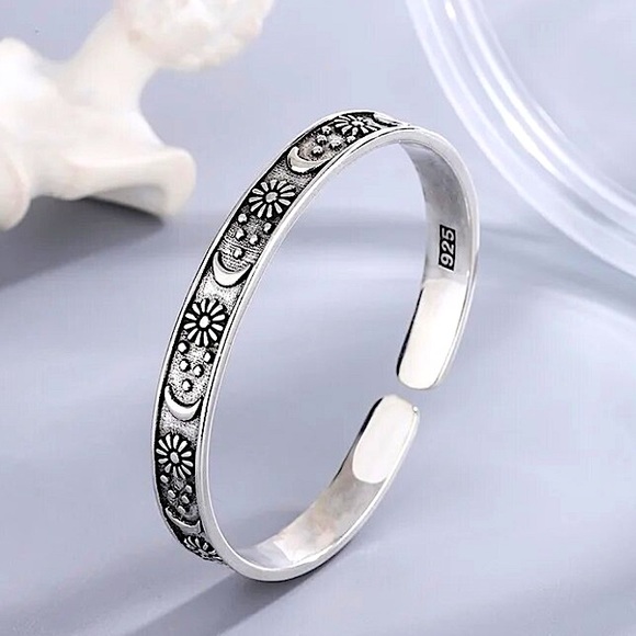 Sterling Silver Moon Bangle Bracelet Cuff Sun Celestial Gift For Her - Picture 3 of 5